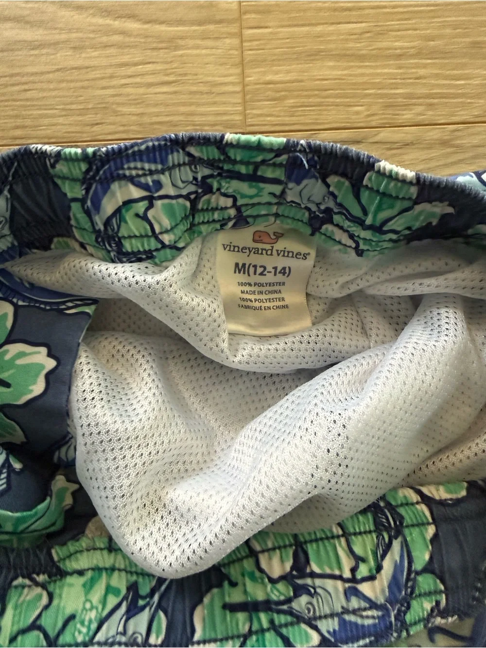 Vineyard Vines Navy Swim Trunks with Green & Light Blue Marlin Print Youth M